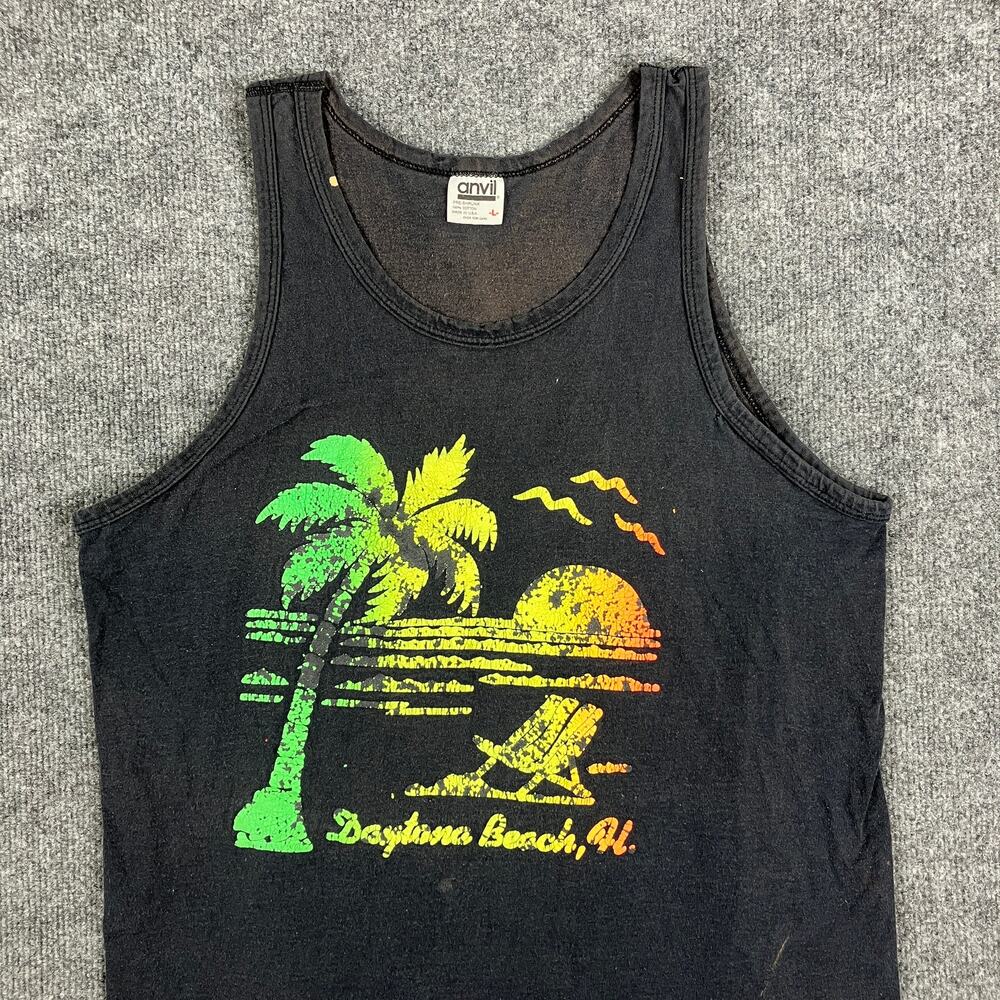 Anvil Tank Top Mens Size L Black Daytona Beach FL Neon‎ Sunset Graphic